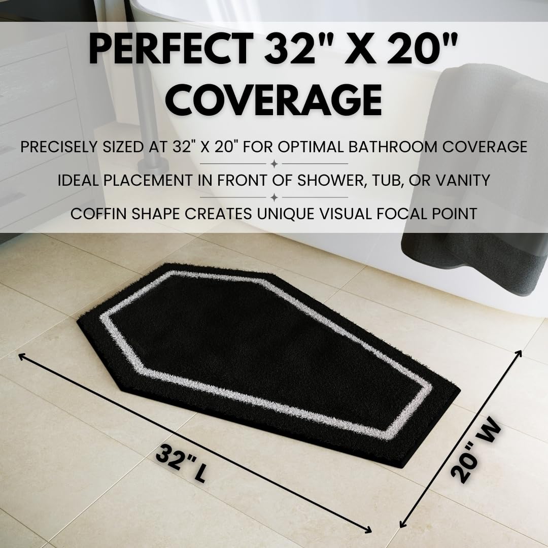 WITTIZA Coffin Bath Mat - Black & White Gothic Bathroom Rug, Non-Slip Quick Dry Microfiber, Soft Plush for Halloween Decor & Goth Home, Machine Washable, 32" x 20"