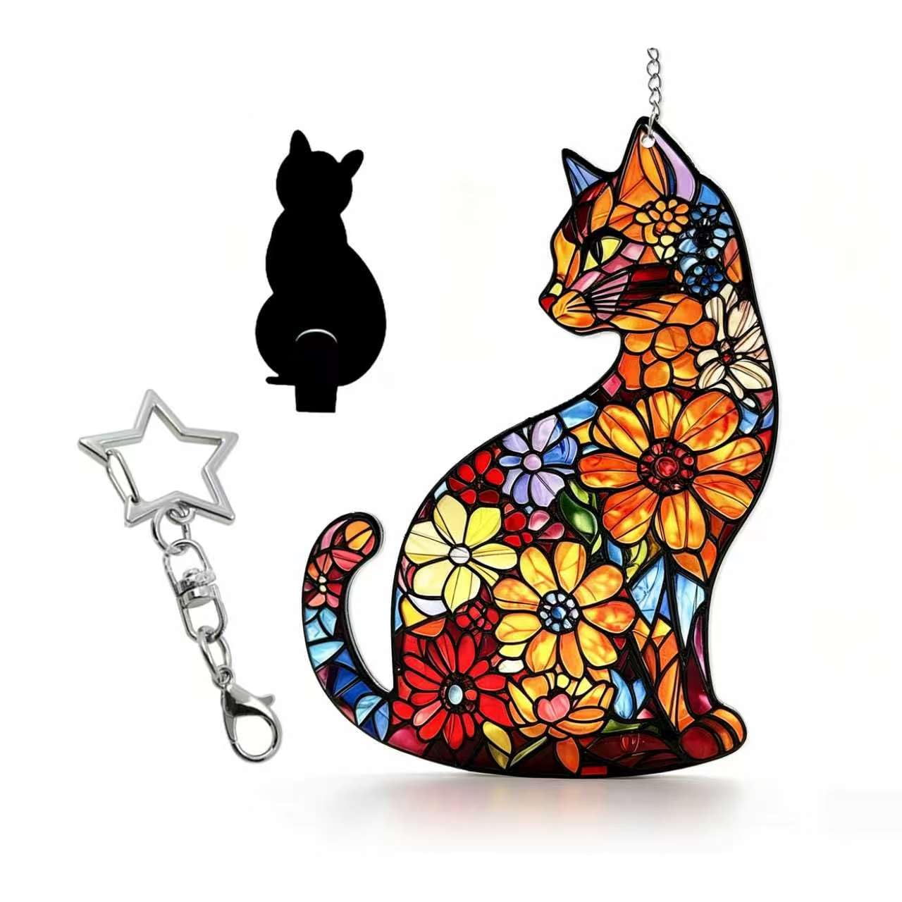 Black Cat Stained Glass Suncatcher with Cat‑Shaped Hook & Star Chain, Real Glass Window Hanging Decor, Fade‑Resistant UV Printed, Ideal Gift for Mom Women & Pet Lovers