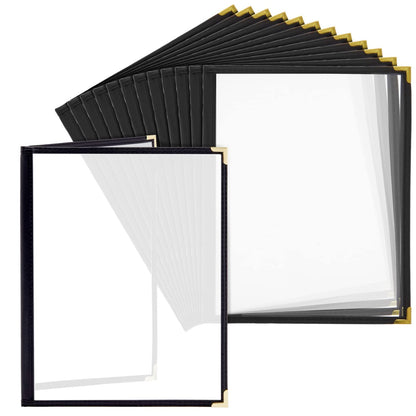 Juvale Clear Menu Covers 8x11 in 4 View - 12-Pack, Letter Size Black PU Leather - Double Panel Clear Sleeves & Gold Metal Corners - Menu Holders for Restaurants & Bars