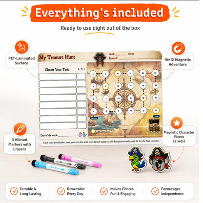 Mimi Doodle Magnetic Reward Chart for Kids – 16x12 Reusable Progress Path & Milestone Board for Fridge with mini Magnetic Characters as Goal Tracker – Behavior Chart for Kids at Home – Pirate Quest