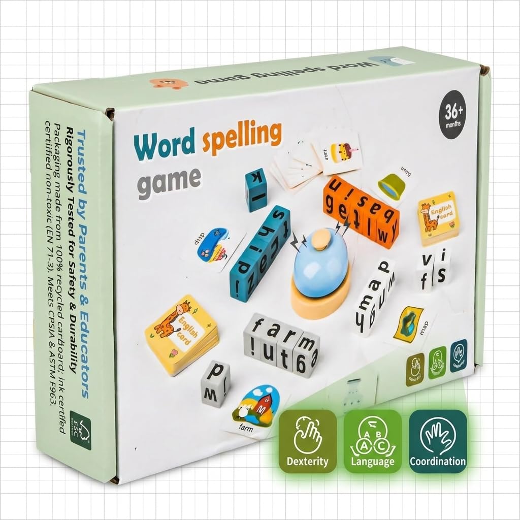 Wooden Word Spelling Game with Flash Cards, Alphabet Learning Set with Bell and Cube, Language Skills Recognition Tool for Educational Use