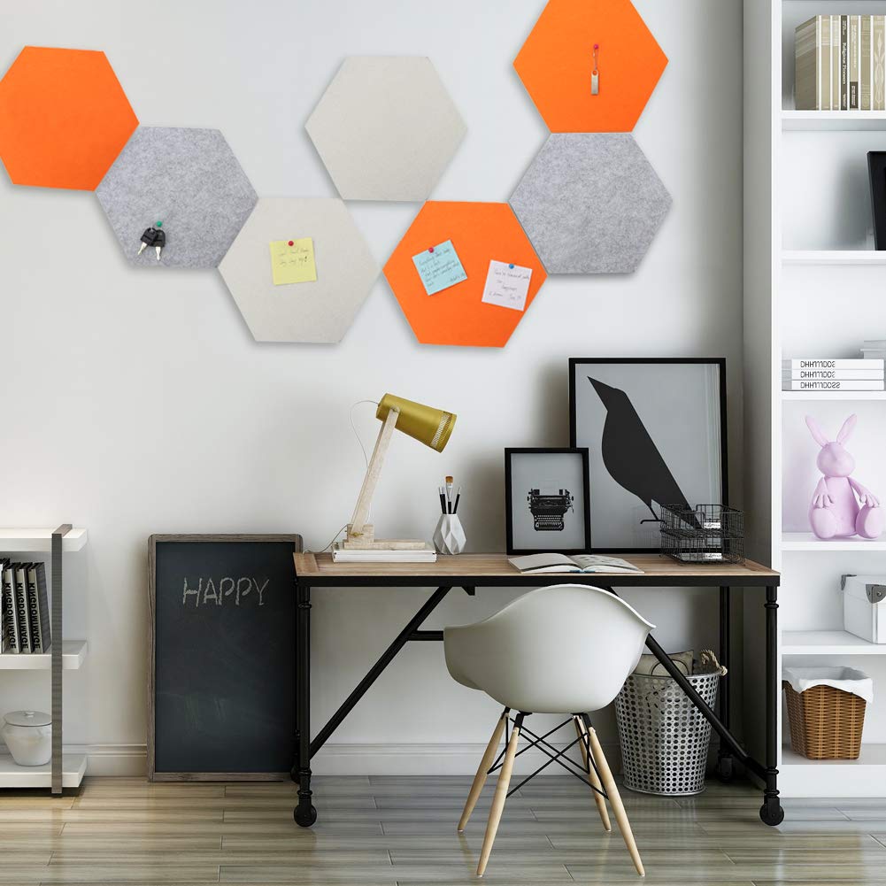 SEG Direct Hexagon Felt Cork Board Tiles, Self Adhesive Bulletin Board Large Felt Cork Boards for Walls Office with Push Pins 11.8 x 10.2 in, 5PCS(Orange/Ivory/Gray)