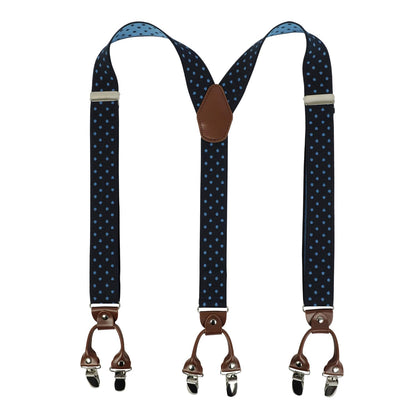 LEHOMU Suspenders for Men with leather 6 Heavy-Duty Clips, 1.4 Inches Wide Men's Suspenders Y-Back Adjustable Elastic Fit for Work or Casual Wear，Tibetan Blue Dots