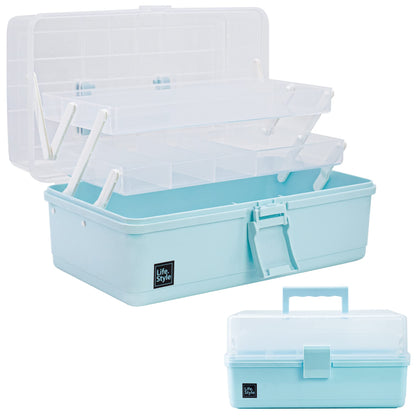 Creahaus 13 inch Art Craft Organizer Storage Box with 3 Layer, Multipurpose Plastic Tool Box with Handle for Sewing, Art Supply, Medicine, Nail, Hair Accessories (Blue)