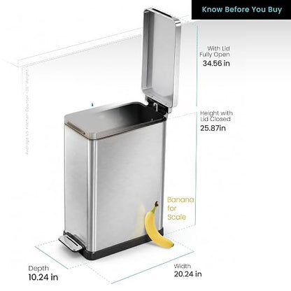 Home Zone Living 12 Gallon Kitchen Trash Can with Slim Fit Design | Stainless Steel with Soft-Close Step Pedal Lid, Bag Tuck Band for Easier Bag Changes, Rectangular Shape, Silver