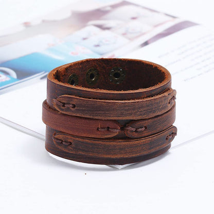 NIGHTCRUZ Punk Leather Cuff Bracelet, 2PCS Vintage Leather Wristband for Men Women
