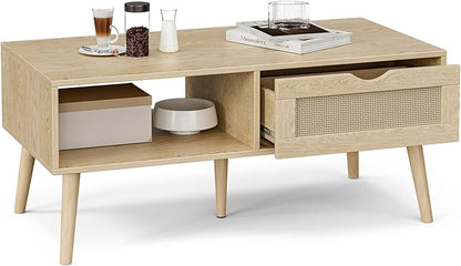ZttRiee Coffee Table with Storage, Boho Dining Table with Rattan Drawer and Solid Wood Legs, Small Coffee Tables for Living Room, Oak