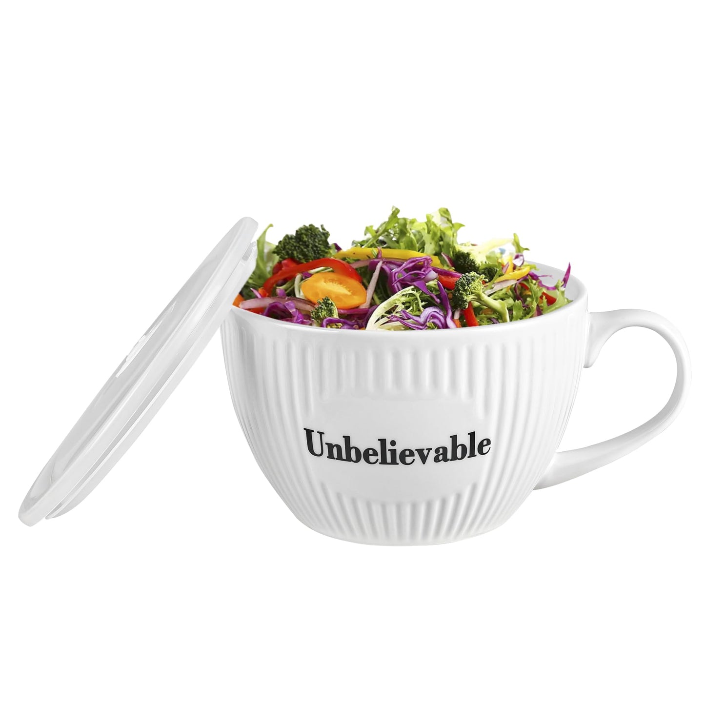 Unbelievable 28 oz Soup Mug, Striped Porcelain Meal Prep Lunchbox with Lid, Funny White Ceramic Sup Bowl with Handle and Cover for Meals or Drinks at Office, Dorm or Home Kitchen, Halloween Fall White
