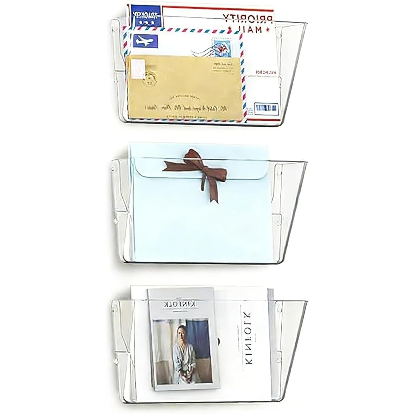 MINDEPOT 3 Pockets Acrylic Wall File Organizer, Clear Wall File Holder, Plastic Hanging Wall File Holder for Office, School and Home, Clear