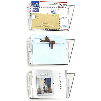 MINDEPOT 3 Pockets Acrylic Wall File Organizer, Clear Wall File Holder, Plastic Hanging Wall File Holder for Office, School and Home, Clear
