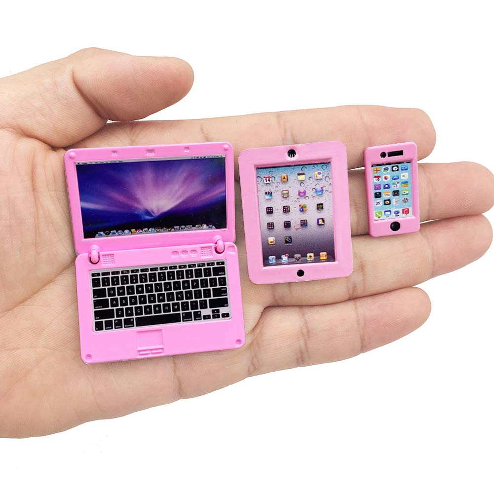 3 Pack Dollhouse Mini Laptop Tablet and Smart Phone Scene Computer Simulation Accessories for Doll 1/6 1/12 Miniatures Silver