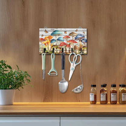 DELORIGIN Retro Mushrooms Key Holder Key Hooks Organizer Hanger Rack Butterflies Wall Mounted Wooden Key Rack with 5 Key Hooks for Home Entryway Front Door Kitchen Hallway Bedroom Wall Decor