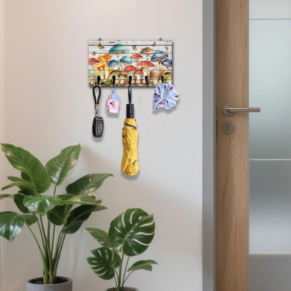 DELORIGIN Retro Mushrooms Key Holder Key Hooks Organizer Hanger Rack Butterflies Wall Mounted Wooden Key Rack with 5 Key Hooks for Home Entryway Front Door Kitchen Hallway Bedroom Wall Decor