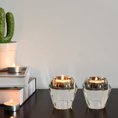 Marvala Crystal Candle Holders Pack of 2, Reversible Clear Tealight or Taper Candlesticks, Table Centerpiece Home Decor for Wedding, Dining, Party, Luxury Gift Set (Transparent)