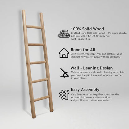 Wooden Blanket Ladder - 57in Natural Wood Color- Leaning Wall Decor for Bedroom, Bathroom, Living Room - Rustic Quilt Holder (Natural Wood Color, 57in | Knock Down)