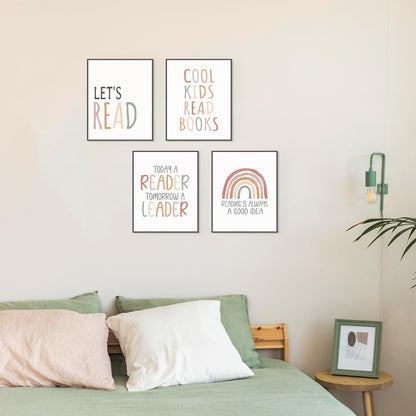 PLKMN Reading Nook Decor for Kids, Boho Rainbow Prints, Let's Read Posters, Classroom and Nook Wall Art, 8x10 Inch, Set of 4, Unframed
