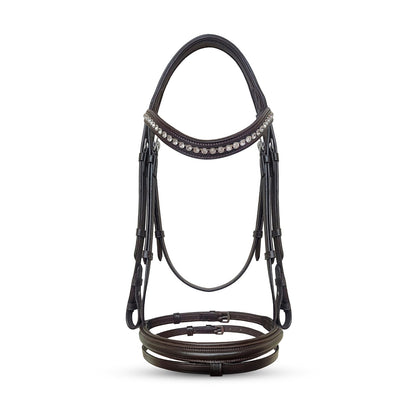 Equine Care Leather English Horse Bridle with Reins, Full Size Havana Brown, Raised Fancy-Stitched Hunter Show Bridle with Clear Crystal Browband, Padded Crownpiece, Stainless Steel Hardware