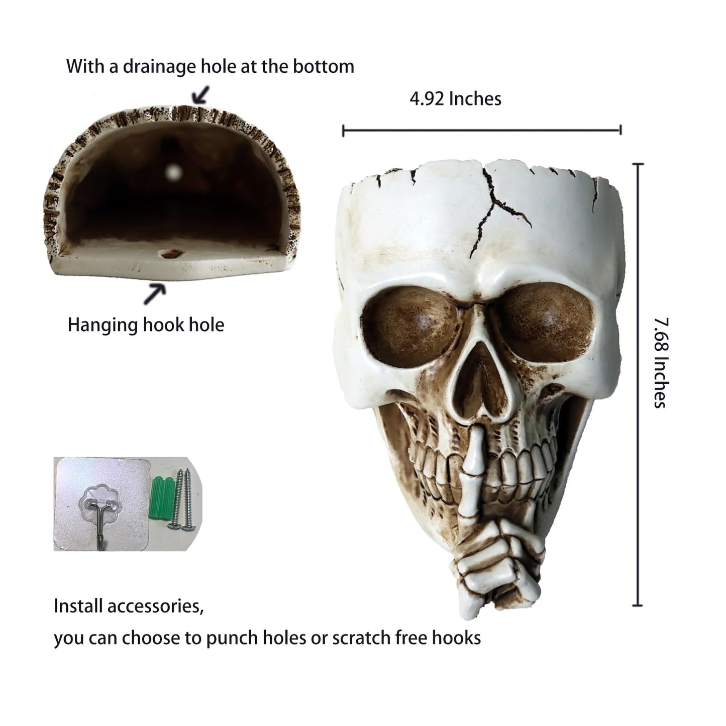 Romehaha Skull Wall Planter,Skull Shaped Hanging Resin Planter Pot Home Decor Gift,Funny Design Flower Pot for Indoor Outdoor Plants,Skeleton Sculpture Decorations (White, Don't Speak)