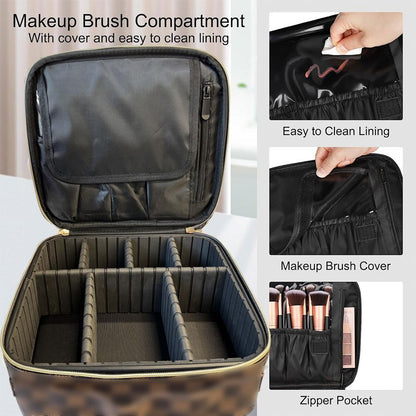 WANNES Brown Checkered Makeup Bag Organizer Travel Cosmetic Case with Brush Storage | Large Capacity Makeup & Skin Care Organizer with Adjustable Dividers | Stylish PU Leather Designer Vanity Bag