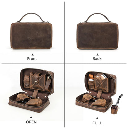 Hiram Leather Pipe Storage Bag Travel Smoking Accessories Organizer Case with Detachable Dual Pipe Holder Cigarette Case Pouch Lighters Pocket & Leather Handle Strap Portable Smoker Supply Carry Bag