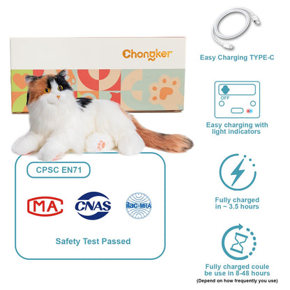 Chongker Interactive Companion Robot Cat, Weighted Breathing Stuffed Animals, Cat Plush Toy with Meow Voice, Breathing, Response, Realistic Heartbeat and Purring (Dark Calico Cat)