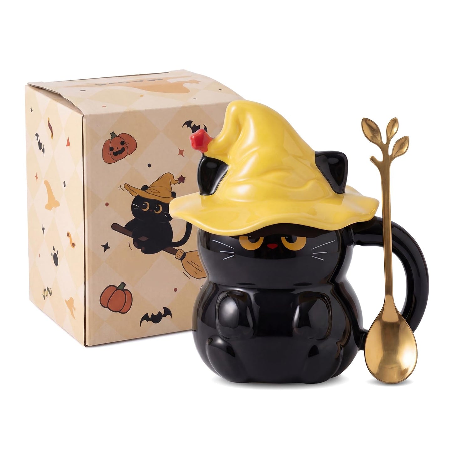 Umcnoi Cat Ceramic Coffee Mug - 15oz Cute Cat Lover Gift For Women - Funny Kitty Tea Cup With Spoon & Wizard Hat Lid - Cats Gifts For Women & Daily Use (Black)