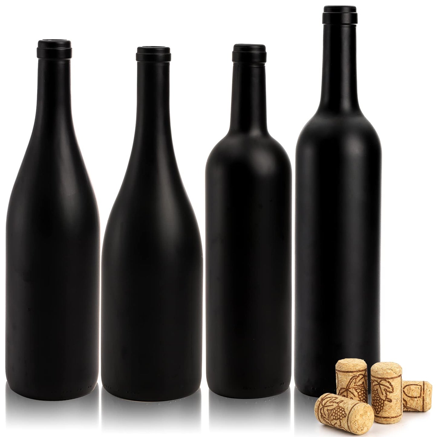 Yesland 4 Pack Empty 750ml Black Matte Coated Glass Wine Bottles with Cork - Bordeaux Style for Home Decor & Bottle Tree, 4 Sizes