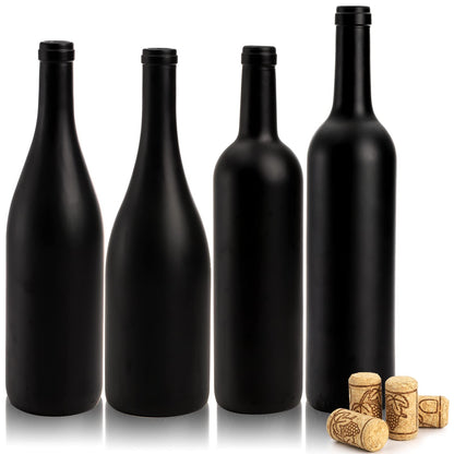 Yesland 4 Pack Empty 750ml Black Matte Coated Glass Wine Bottles with Cork - Bordeaux Style for Home Decor & Bottle Tree, 4 Sizes