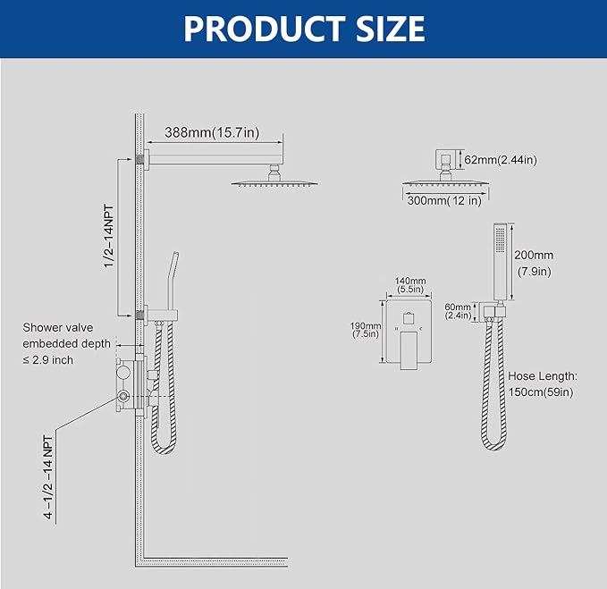 Brushed Gold Shower System with 12-Inch Rain Showerhead and Handheld | Innovative air-injection technology for low pressure, high-flow rate up to 3.22 GPM ensuring powerful consistent stream