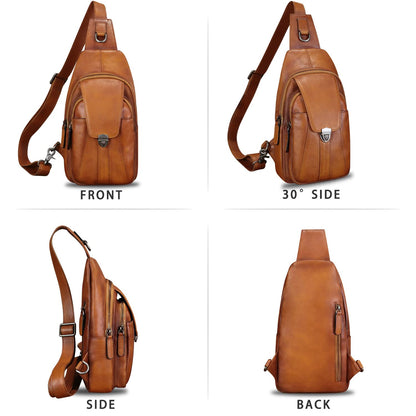 LRTO Genuine Leather Sling Bag for Women and Man Handmade Retro Hiking Crossbody Backpack Purse Chest Shoulder Daypack (Brown)