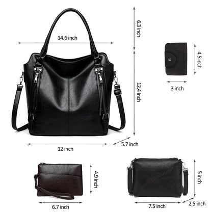 2E-youth Purses for Women Large Tote Women's Handbag Set Faux Leather Hobo Crossbody Bag 4pcs (1A-Black)