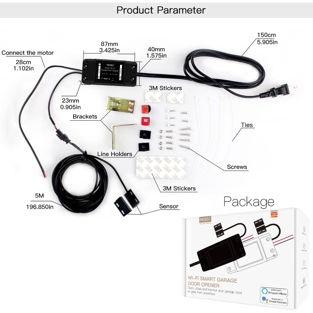 MOES WiFi Smart Garage Door Opener Controller,Smart Life/Tuya APP Remote Monitor Your Garage Door Anywhere Anytime,Compatible with Alexa Google Home No hub Required.