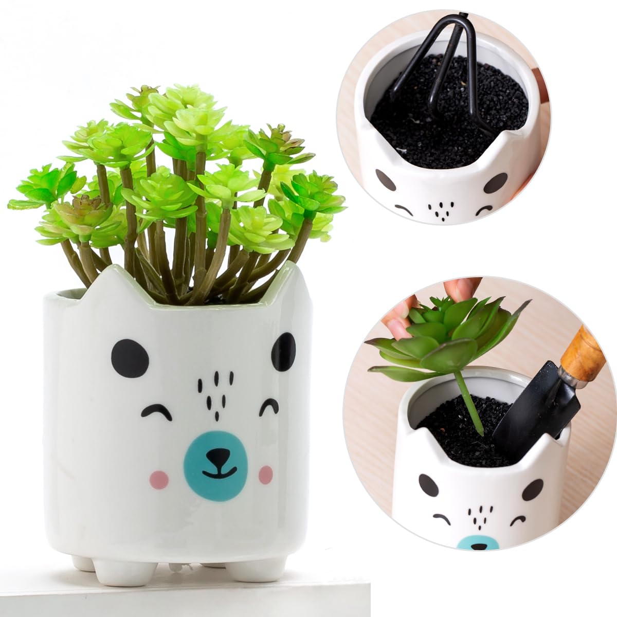 B SEPOR Set of 6 4.25inch Small Ceramic Animal Succulent Planter Porcelain Pots for Baby Succulant with Drainage and Bamboo Tray for Window Sill(Squatting Cats)