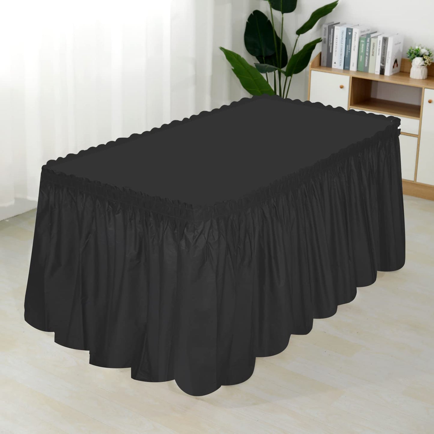 JHDZDHY 4 Pack Table Skirt 29 in x 14 ft Tablecloth Disposable Table Cover Reusable Stain Proof Plastic Table Skirts for Rectangle or Round Tables for Party, Wedding, Reception, Birthday (Black)
