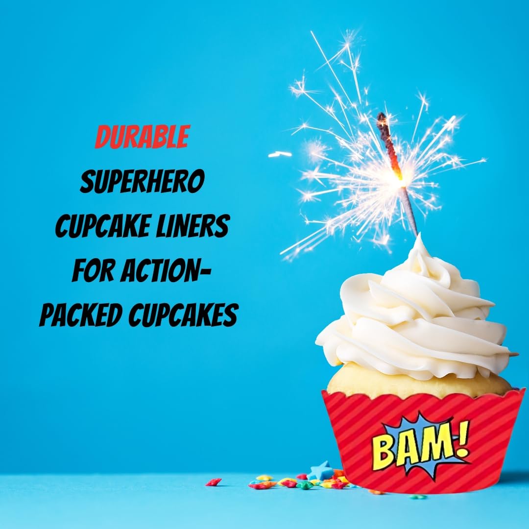 Andaz Press Birthday Cupcake Wrappers, Superhero Pow Bam, 20-Pack, Decor Decorations Wraps Cupcake Muffin Paper Holders Superhero Cupcake Wrappers