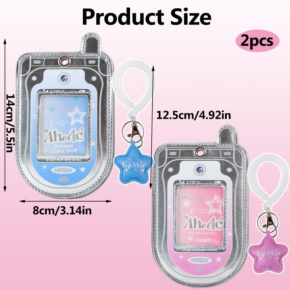 2Pcs Star Cute Kpop Photocard Holder Keychain Mobile Phone Shape Pu Leather Photo Card Holder Keychain Pink Blue Kawaii Flip Phone Shape Pc Holder Kpop Korean Star Pendant School Stationery Gifts