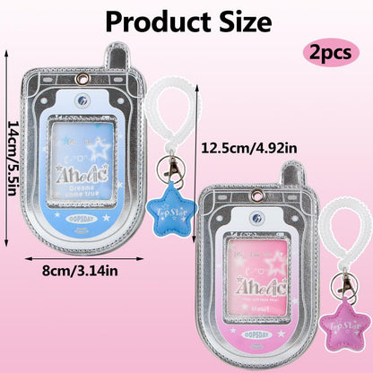 2Pcs Star Cute Kpop Photocard Holder Keychain Mobile Phone Shape Pu Leather Photo Card Holder Keychain Pink Blue Kawaii Flip Phone Shape Pc Holder Kpop Korean Star Pendant School Stationery Gifts