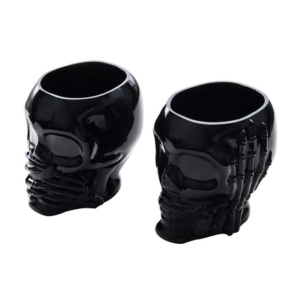 Set of 2 Gothic Home Decor, See No Evil Speak No Evil Skeleton Makeup Brush Holder, Black Skull Pen Holder & Succulent Planter - Cool Desk Accessories for Men & Women, Spooky Halloween Room Decor Gift