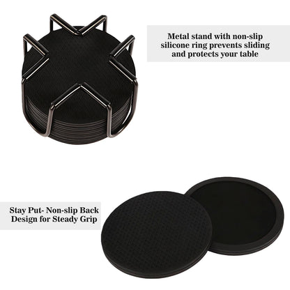 Sleek Absorbent Coasters with Holder – Silicone Cup Mat with Removable Felt Insert Non-Slip, Non-Stick, for Coffee Tables, Kitchen Décor – Set of 6 Coasters (Black)