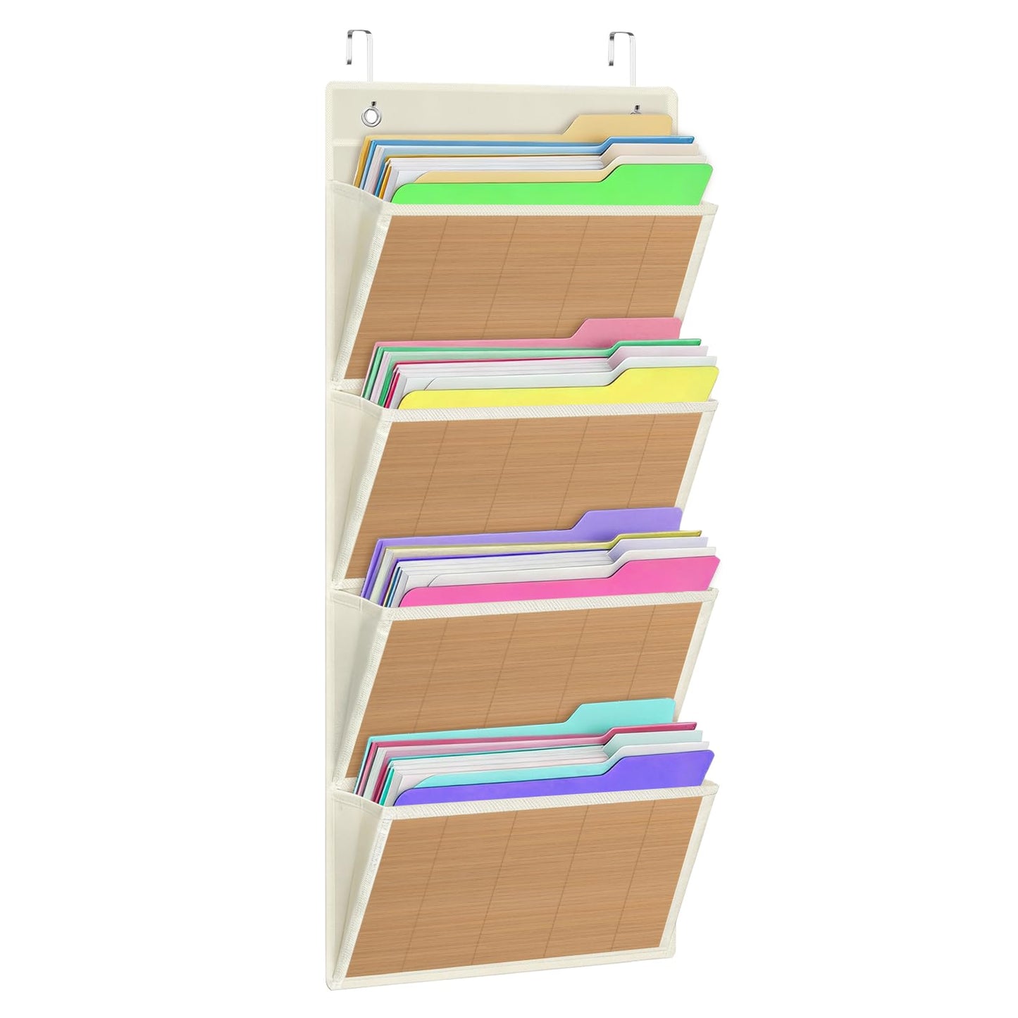 homyfort hanging wall file organizer, Over the door file folder organizer with 4 Large Bamboo Pockets, Suitable for Home, Office, Back to School Supplies Storage and Organization (Beige)