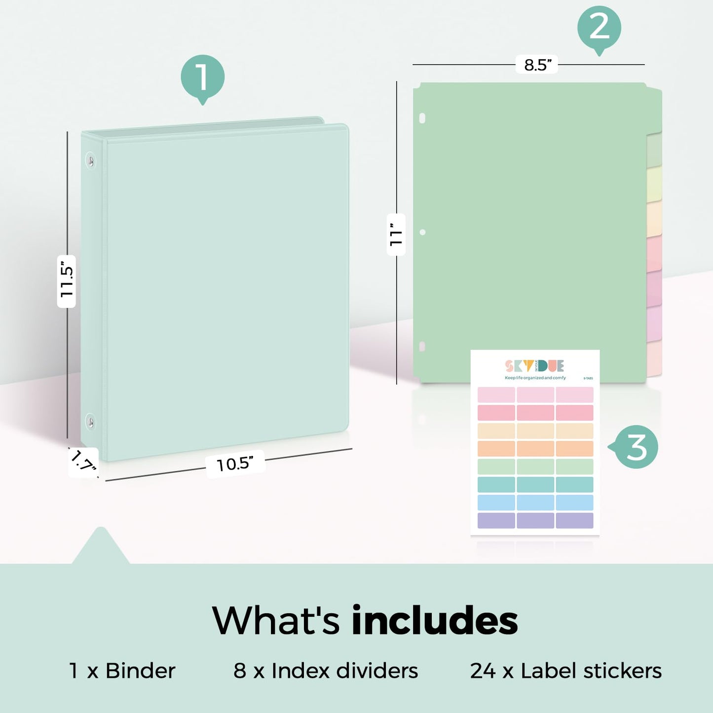 SKYDUE 1 Inch 3 Ring Binder with 8 Tab Dividers & 24 Labels, Pastel Binder Organizer for Letter Size Paper, Aesthetic School Binder for Notes, Documents, Office & Home Organization, Green