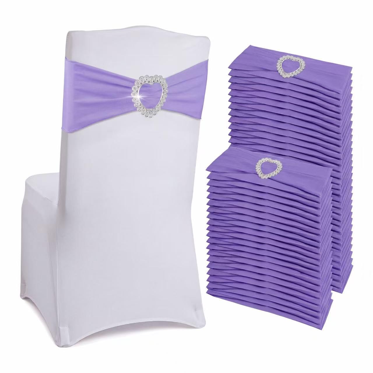 Arkrmce 150 Pieces Chair Sashes & Bows - Stretch Spandex Chair Cover Band with Buckle for Wedding, Hotel Banquet, Birthday Party & Home Bulk Decorations (Purple)