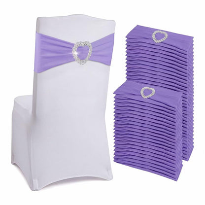 Arkrmce 150 Pieces Chair Sashes & Bows - Stretch Spandex Chair Cover Band with Buckle for Wedding, Hotel Banquet, Birthday Party & Home Bulk Decorations (Purple)
