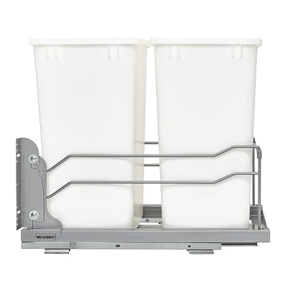 Rev-A-Shelf Double 35 Qt Pullout Trash Cans with Soft-Close for Under Kitchen Cabinets, Min Opening Width of 14.5", White, 53WC-1835SCDM-211
