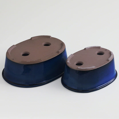 Wazakura Banko Series 2 PCS Blue Bonsai Pot Set with Drainage Holes, Made in Japan Ceramic Garden Planter Pack, Handmade Glazed Houseplant Bowl