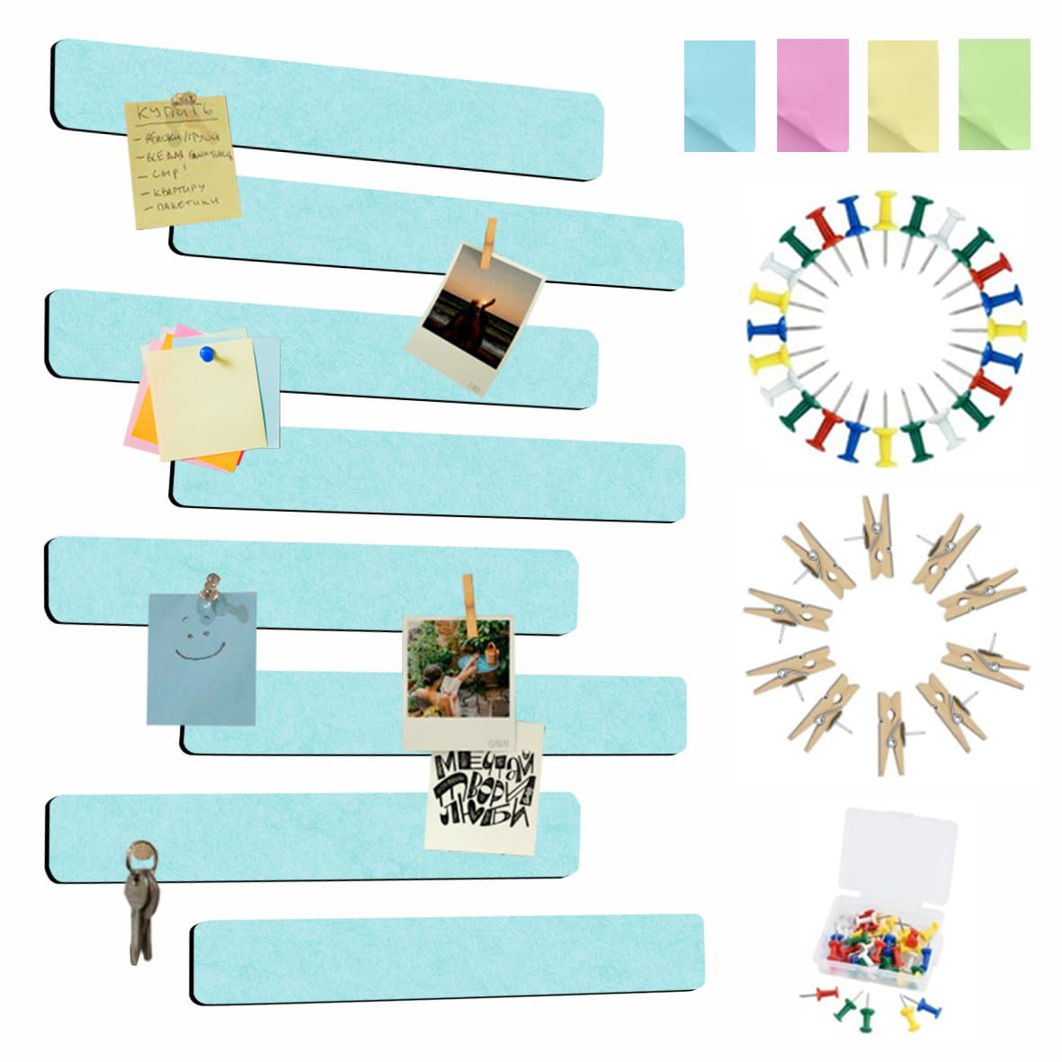 Vuzvuv 8 pcs Bulletin Board Bar Strips with 50 Pushpins & 10 Wooden Clip pins，Self Adhesive Cork Board for Wall，Felt Pin Board for School，Office Decor(Mint Green)