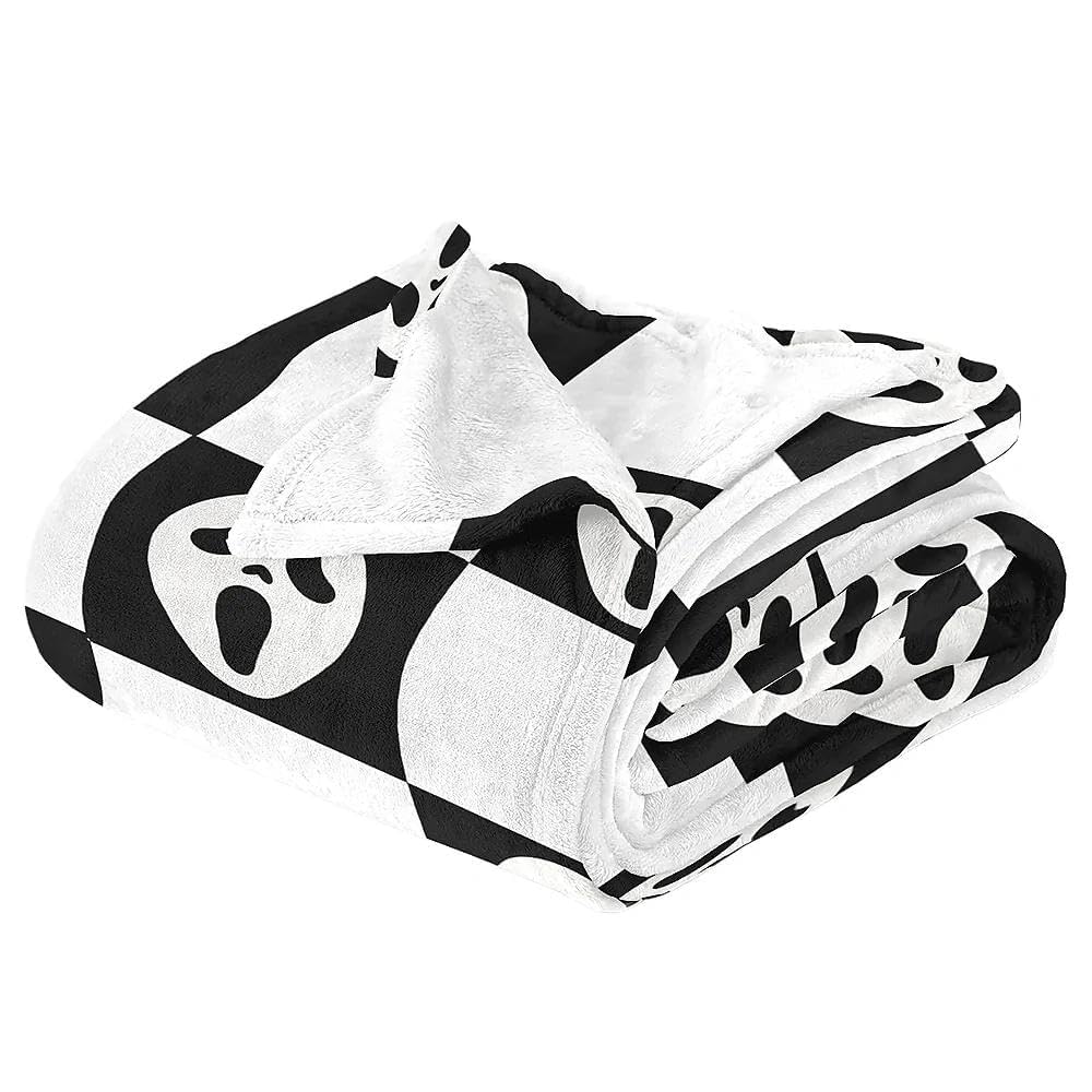 YWZDS Spooky Face Throw Blanket, Black and White Checkered Pattern, Halloween Ghost Blankets Fuzzy Gifts for Sofa Couch Bedroom (40 * 50 inch)