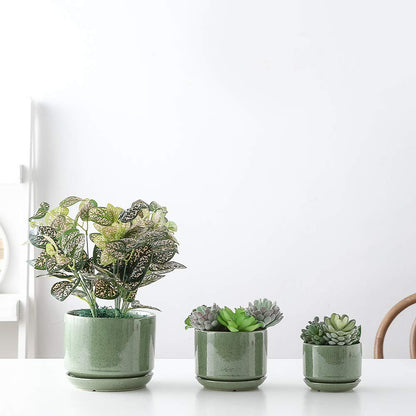 Yishang Succulent Plant Pots,6.7+5.3+4.1 in Glazed Ceramic Planters with Connected Saucers, Round Modern Ceramic Flower pots - Small to Large Sized Plant pots for All House Plants