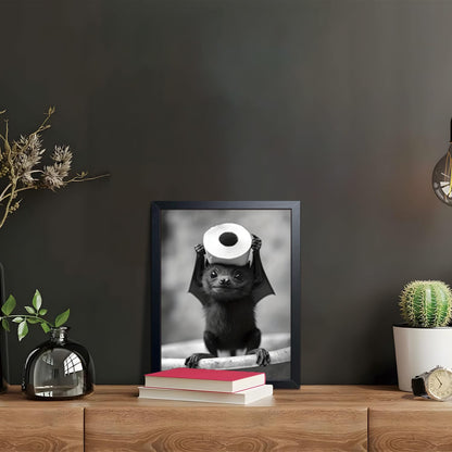 ARKZSHO Black and White Bathroom Wall Art, Funny Bats Canvas Print Poster, Cute Animal Wall Drcor Painting, Modern Farmhouse Restroom Home Decoration (Framed 10''x8'')