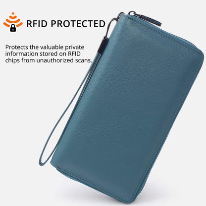 Bveyzi Women RFID Blocking Wallet Leather Zip Around Phone Clutch Large Capacity Ladies Travel Purse Wristlet (Lake Blue)